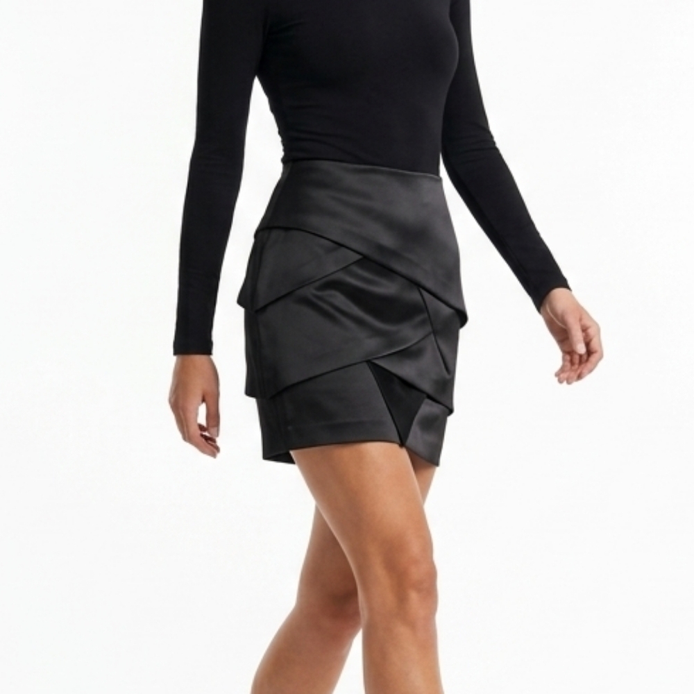 Calvin Klein Black Satin Tiered Asymmetrical Mini Skirt Womens Size Medium